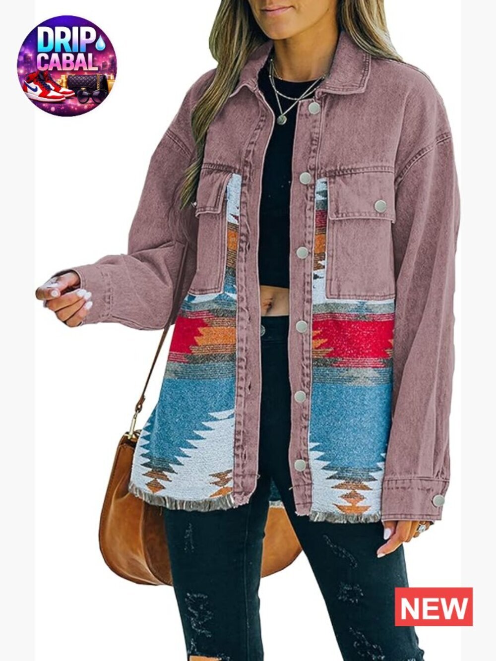 Women's Distressed Denim Jacket Long Sleeve Button Down Shacket Aztec Print